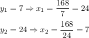 y_1=7\Rightarrow x_1=\dfrac{168}{7}=24\\ \\y_2=24\Rightarrow x_2=\dfrac{168}{24}=7