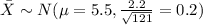 \bar X \sim N(\mu=5.5, \frac{2.2}{\sqrt{121}}=0.2)