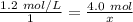 \frac {1.2 \ mol/L}{1}=\frac{ 4.0 \ mol}{x}