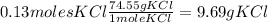 0.13 molesKCl\frac{74.55gKCl}{1moleKCl} =9.69gKCl