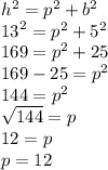 h^2 = p^2 + b^2 \\  {13}^{2}  =  {p }^{2}  +  {5}^{2}  \\ 169 =  {p }^{2}  + 25 \\ 169 - 25 =  {p}^{2}  \\ 144 =  {p}^{2}  \\  \sqrt{144}  =  p \\ 12 = p \\ p = 12